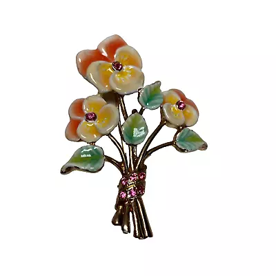 Vintage Monet Enameled & Rhinestone Pansy Floral Flower Brooch Pin Goldtone • $9.78