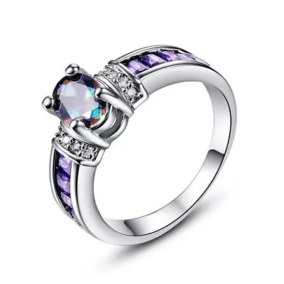 925 Sterling Silver Rainbow Mystical Topaz + Amethyst Engagement Ring Size 10 • $19.74