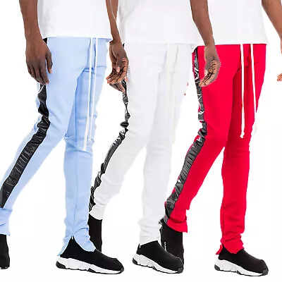 Men's Slim Fit Single Faux Leather Stripe Track Pants With Ankle Zipper • $18