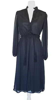 Vintage Black Dress Victoria Royal Ltd Hong Kong Sheer Sleeves Braided Belt 10 • $159.95