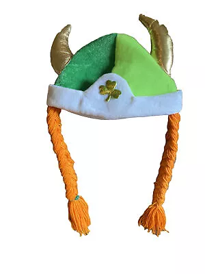 Viking Helmet Fabric Halloween Costume Shamrock Horns Orange Braids B83 • $11.99