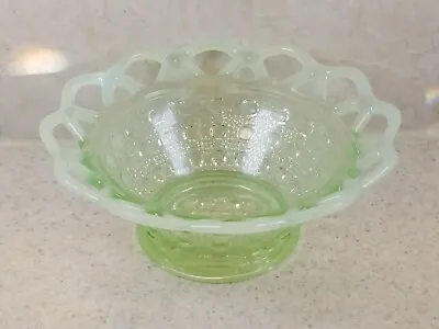 IMPERIAL GLASS Katy Vaseline Opalescent Open Lace Bowl BUTTONS CANE 6 1/4  VGC!  • $19.99