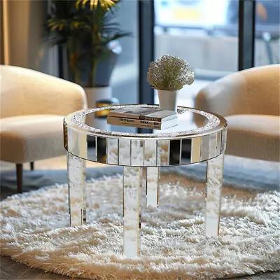  Sophisticated Mirrored Coffee Table W/Sparking Diamonds Inlay Round BesideTable • $179.95