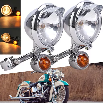 Chrome Motorcycle Driving Passing Turn Signal Spot Fog Lights Bar Kit For Harley • $44.13