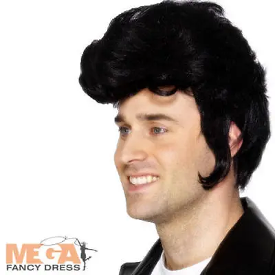 1950s Rock Star Black Wig Mens 50s Grease Fancy Dress Elvis Costume Accessory • £9.99