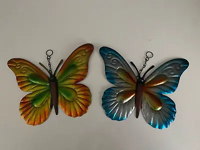 2 Hanging Butterflies On Chain Plaqe Garden Wall Ornaments Metal Butterfly • £3.99