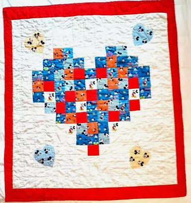 Vtg Mickey Mouse Quilt Blanket Quilts For Kids Red Blue Multi 35  X 40  Handmade • $17.05