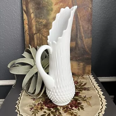 Vtg Fenton White Milk Glass Hobnail Swung Stretch Vase Pitcher 14” Tall Sticker • $36