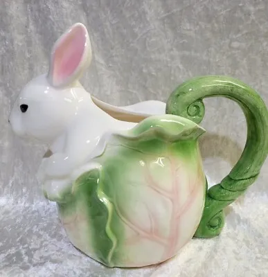 White Rabbit Sitting In Cabbage Leaf Ceramic Pitcher By Applause Easter 1 Qt. • $19.99