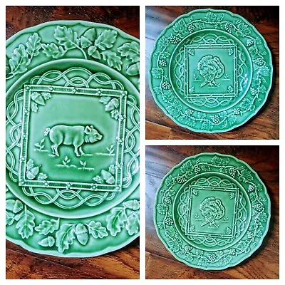 Turkeys & Pig 3 Green Bordallo Pinheiro 9.25” Dinner Plates Portugal • $50