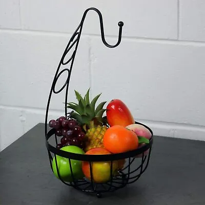 Fruit Bowl With Banana Hanger Black Flat Iron Hook Fruit Bowl Holder Rack Basket • £100.75