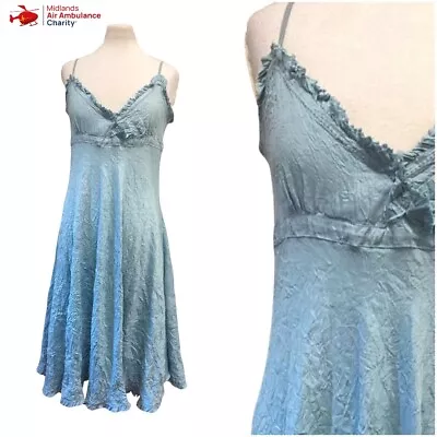 Mandolin Blue Satin Slip Dress Crushed Fabric Babydoll Midi Dress Buttoned UK 14 • $18.65