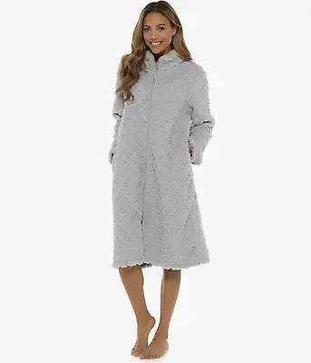 Ladies Fleece Diamond Zip Through Dressing Gown Housecoat Robe Grey Size 8-22 • £27.86