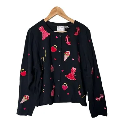 Michael Simon Lite Valentines Vintage Cardigan Top Embroidered Beads XL 0618 • $48