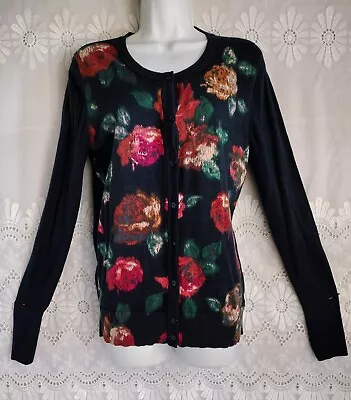 Merona Navy Blue Red Rose Floral Button Up Cardigan M • $8