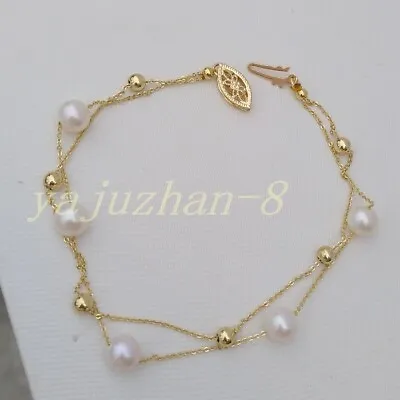 $24.99 • Buy Double Strands Akoya White Round Pearl Bracelet 7.5-8   14k Yellow Gold P Clasp