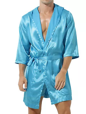 US Men See-Through Night-robe Satin Kimono Bathrobe Casual Nightwear Sleepwear • $20.42