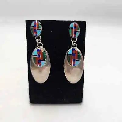 Vintage Native American Sterling Silver Teardrop Colorful Earrings • $60