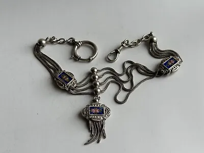 Antique Sterling Silver 800 & Painted Enamel Slider Pocket Watch Chain • $180