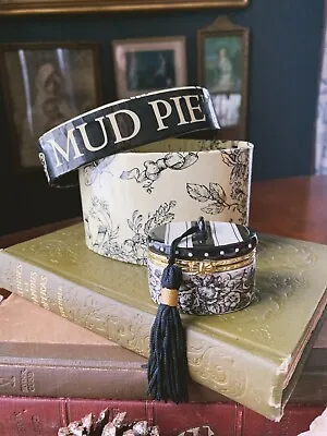 Mud Pie Black & White Porcelain Toile Butterfly Tassel Treasure Hat Trinket Box • $15