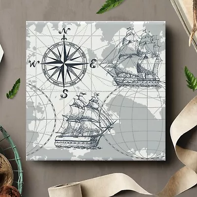 Framed Canvas Wall Art Painting Prints Antique Pirate Ship World Map Gray SEA009 • $25.99