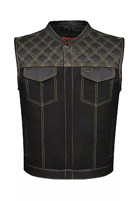 Men's Black Leather Denim Gold Thread Vest Motorcycle Concealed Waistcoat • $92.99