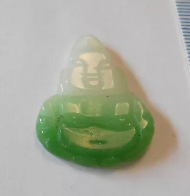 Green White Jade Moss In Snow Hotei Laughing Buddha Pendant 30x22mm Vintage • $49