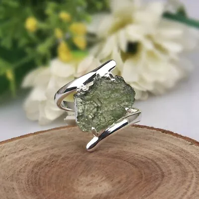 Raw Stone Czech MOLDAVITE Ring 925 Sterling Silver Bypass Engagement Ring • $180