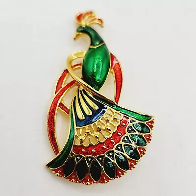 Vintage Peacock Gold Tone Enamel Brooch 1990 P. O. & Co. Pin Decorative  • $13.25