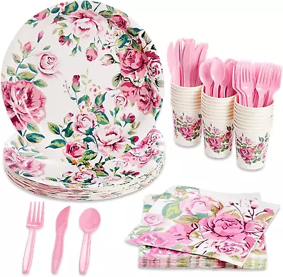 144-Piece Vintage Style Floral Tea Party Supplies With Pink Flower Paper Plates • $30.73