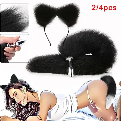 2pcs Faux Fur Animal Furry Cat Ears Headband Fox Tail Metal Set Cosplay Costume • $7.99