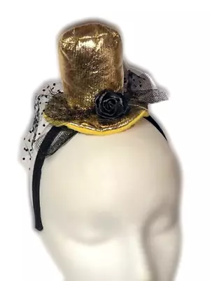Mini GOLD TOP HAT ON HEADBAND Costume Cap Steampunk Victorian Black Flower Veil • $12.89