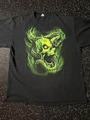 Vintage Streetwear Flaming Skull Snake Skeleton Neon Green Black T-Shirt Mens XL • $18