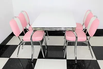 American Diner Furniture 50s Retro White 4 Legged Table & 4 Pink Studded Chairs • £699.95