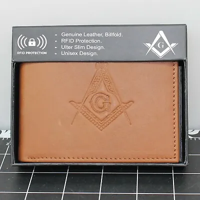 Genuine Leather  Masonic Freemason Embossed Square Compass  BILLFOLD WALLET TAN • $29.95
