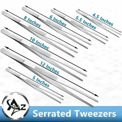 $5.50 • Buy Silver Stainless Steel Long Food Tongs Straight Tweezers Kitchen Serrated Tips