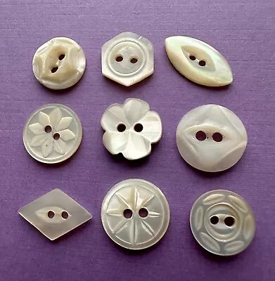 9 Vintage Small Lustrous Mother Of Pearl Buttons Incl. Carved & Etched Designs • $8.95