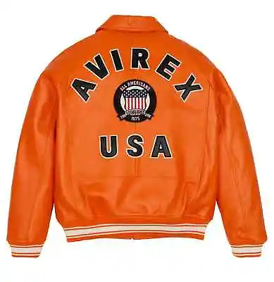 Men's Avirex Orange Real Bomber American Flight Jacket Leather Jacket • $131