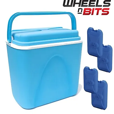 24L COOLBOX LARGE BLUE COOLER BOX CAMPING PICNIC FOOD INSULATED LITRE + 4 ICE Pk • £20.99