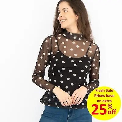 £10.46 • Buy Coast Womens T-Shirt Black Polka Dot White Long Sleeve Round Neck Mesh Occasion