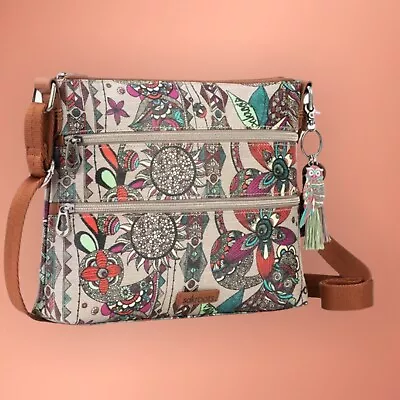 Sakroots Charcoal & Plum Spirit Desert Ll Crossbody Bag Owl Charm/ Key Fob • $56.81