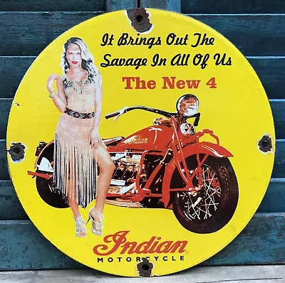 Vintage Indian Motorcycle Savage 10” Porcelain Sign Dealer Motor Oil Gas • $29.99