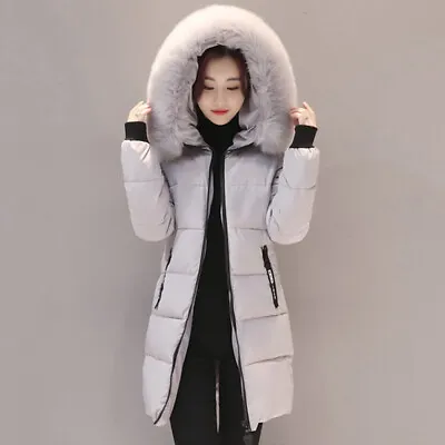 Lady Long Cotton Outerwear Jacket Fur Collar Parka Zip Chunky Puffer Coat Winter • £21.84