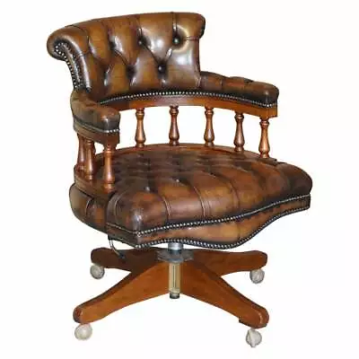 Traditional Restored Cigar Brown Leather Oak Chesterfield Captains Armchair • £2500