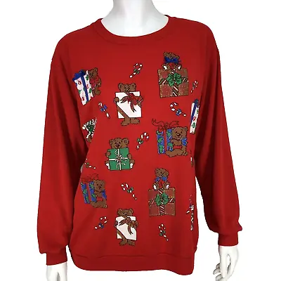 Vintage Womens Christmas Sweatshirt Red Teddy Bear Gifts Holiday 80's 90's Xmas • $14.99