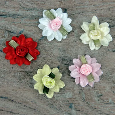 Double Daisy Pink Red White & Green Leaf Satin Rose Ribbon Ribbon Bows  • £2.50