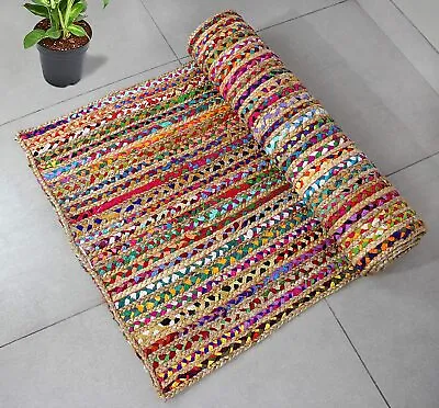 Rug Cotton & Jute 100%Handmade Living Room Kitchen Farmhouse Area Runner Rag Rug • £131.10