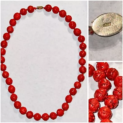 Rare Vtg Sterling Chinese Carved Cinnabar Bead Knotted Handmade • $100