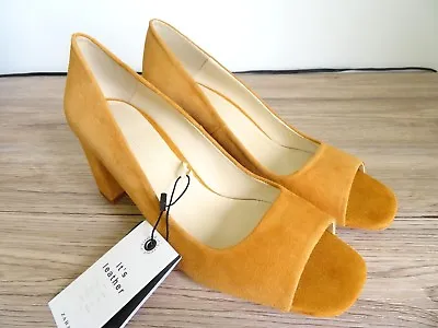 Zara Mustard Suede Leather Open Toes High Heel Court Shoes Size Uk 5 Eu 38 • £39.99