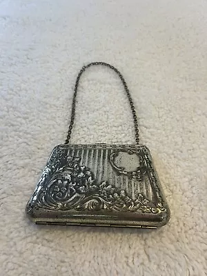 Antique Coin Purse Floral Etched Chain Handle Compact Small • $59